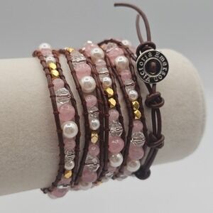 Victoria‎ Emerson Wrap Bracelet Women Rose Quartz Pink Leather Boho 33-35"